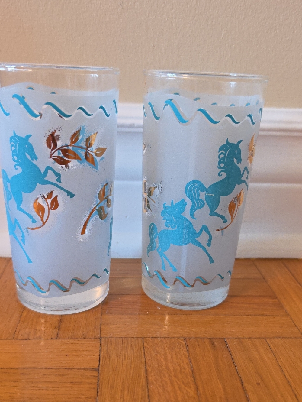 Libbey Turquoise (Blue) & Gold Unicorn Glasses 4pc USA 5.5" 12 oz. Set of 2